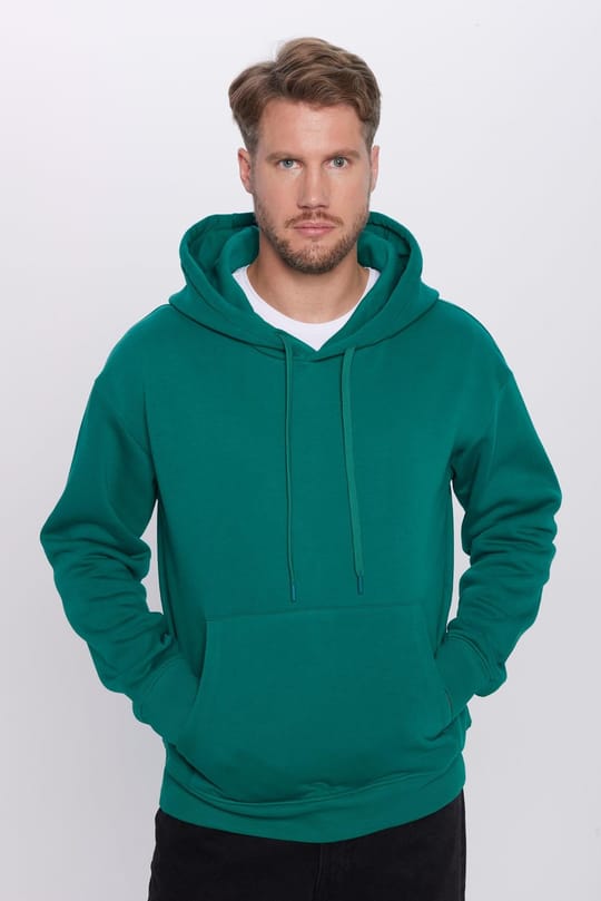 Unisex Oversize Geniş Kesim Pamuklu Yumuşak Dokulu İçi Polarlı Basic Yeşil Kapüşonlu Sweatshirt