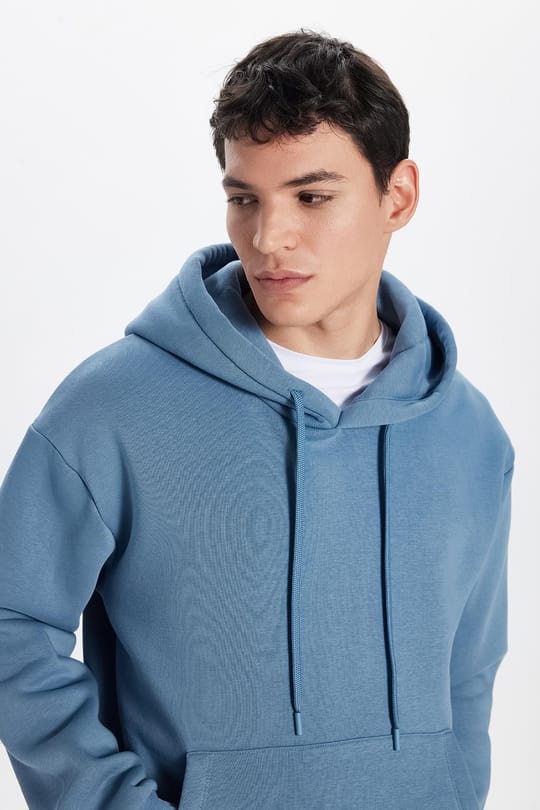 Unisex Oversize Geniş Kesim Pamuklu Yumuşak Dokulu İçi Polarlı Basic İndigo Kapüşonlu Sweatshirt