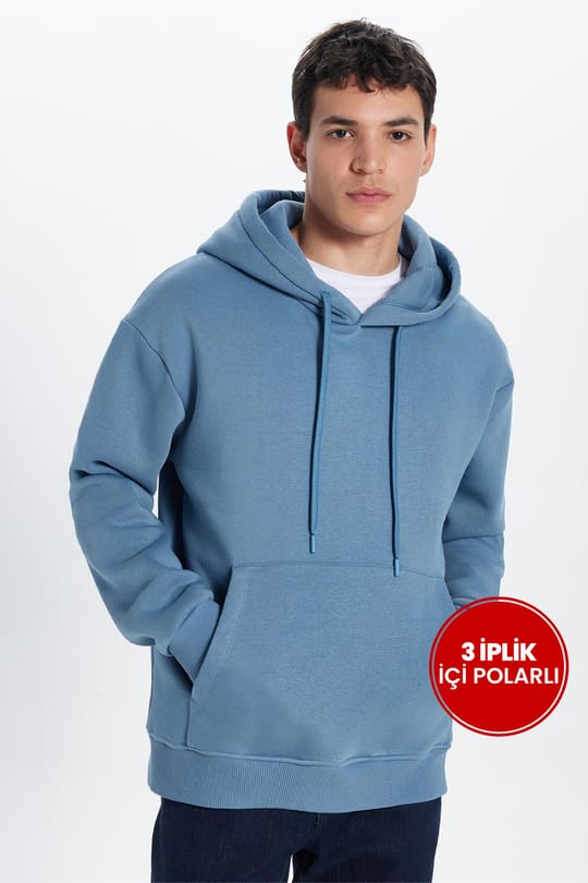 Unisex Oversize Geniş Kesim Pamuklu Yumuşak Dokulu İçi Polarlı Basic İndigo Kapüşonlu Sweatshirt