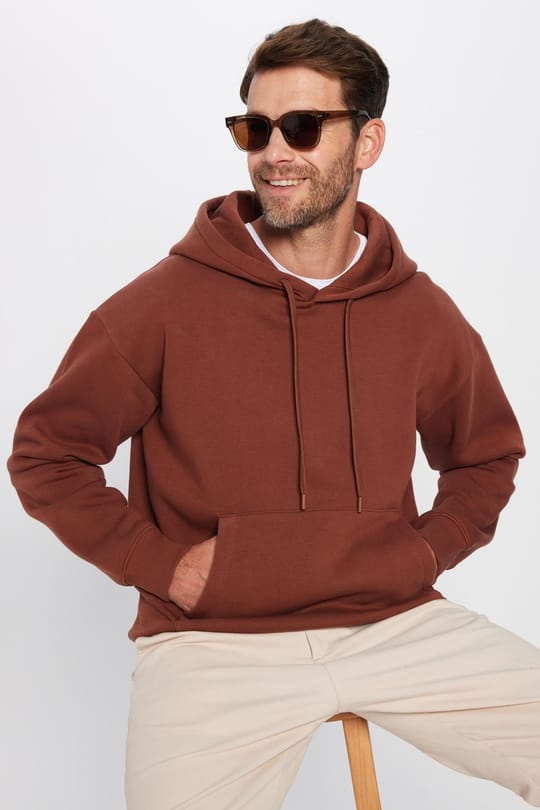 Unisex Oversize Geniş Kesim Pamuklu Yumuşak Dokulu İçi Polarlı Basic Kahverengi Kapüşonlu Sweatshirt