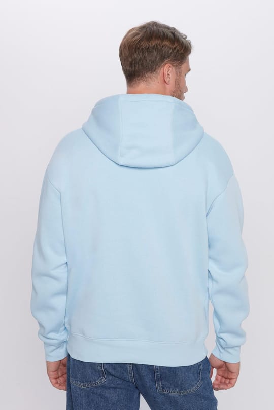 Unisex Oversize Geniş Kesim Pamuklu Yumuşak Dokulu İçi Polarlı Basic Mavi Kapüşonlu Sweatshirt