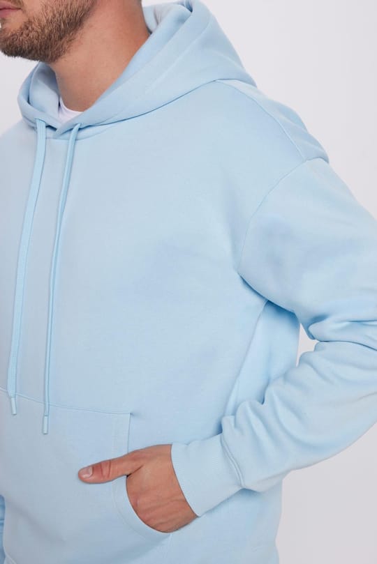 Unisex Oversize Geniş Kesim Pamuklu Yumuşak Dokulu İçi Polarlı Basic Mavi Kapüşonlu Sweatshirt