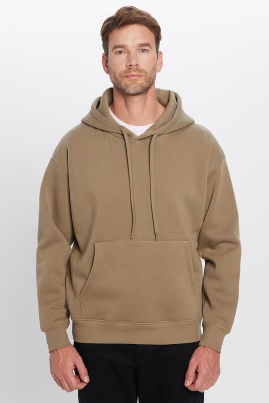 Unisex Oversize Geniş Kesim Pamuklu Yumuşak Dokulu İçi Polarlı Basic Haki Kapüşonlu Sweatshirt