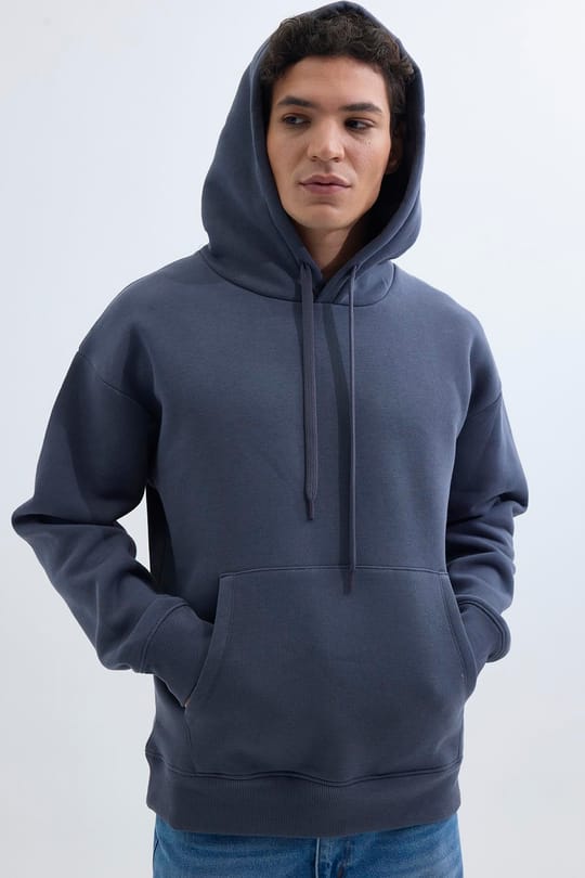 Unisex Oversize Geniş Kesim Pamuklu Yumuşak Dokulu İçi Polarlı Basic Gri Kapüşonlu Sweatshirt