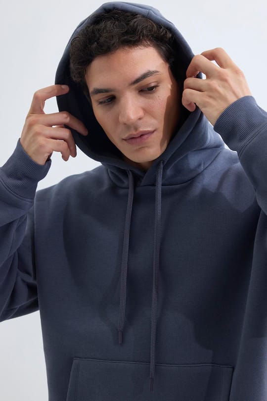 Unisex Oversize Geniş Kesim Pamuklu Yumuşak Dokulu İçi Polarlı Basic Gri Kapüşonlu Sweatshirt