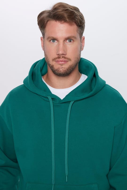 Unisex Oversize Geniş Kesim Pamuklu Yumuşak Dokulu İçi Polarlı Basic Yeşil Kapüşonlu Sweatshirt