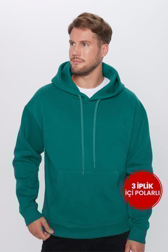 Unisex Oversize Geniş Kesim Pamuklu Yumuşak Dokulu İçi Polarlı Basic Yeşil Kapüşonlu Sweatshirt