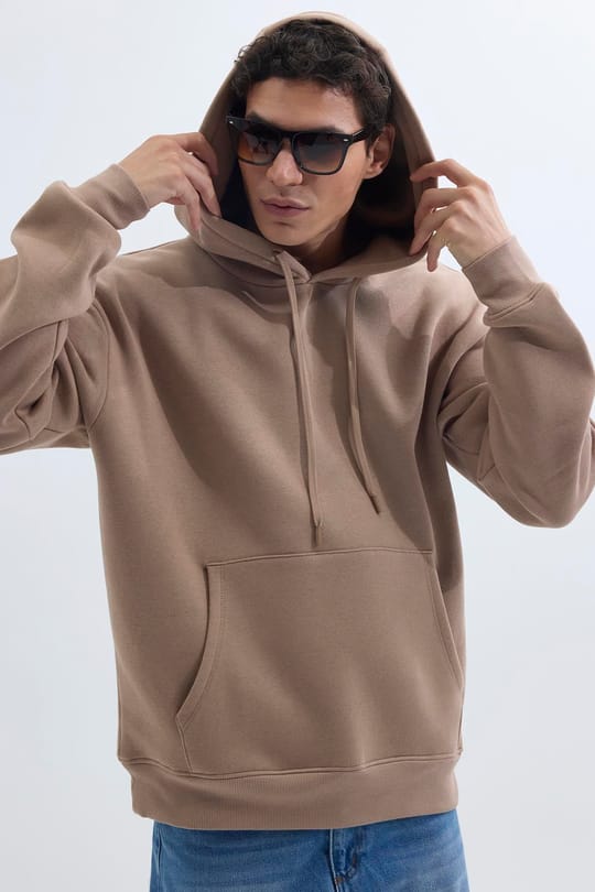 Unisex Oversize Geniş Kesim Pamuklu Yumuşak Dokulu İçi Polarlı Basic Vizon Renk Kapüşonlu Sweatshirt