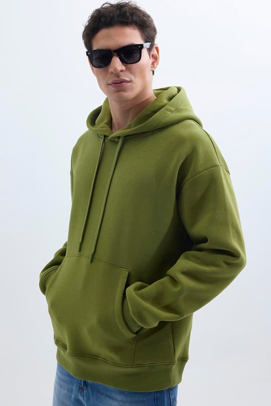 Unisex Oversize Geniş Kesim Pamuklu Yumuşak Dokulu İçi Polarlı Basic Yeşil Renk Kapüşonlu Sweatshirt