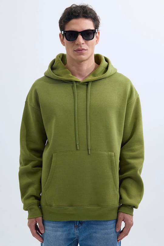 Unisex Oversize Geniş Kesim Pamuklu Yumuşak Dokulu İçi Polarlı Basic Yeşil Renk Kapüşonlu Sweatshirt