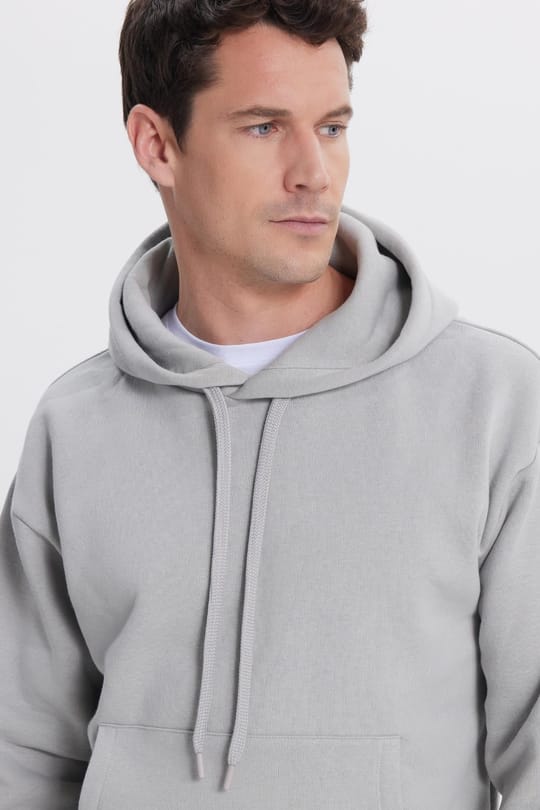 Unisex Oversize Geniş Kesim Pamuklu Yumuşak Dokulu İçi Polarlı Basic Taş Renk Kapüşonlu Sweatshirt