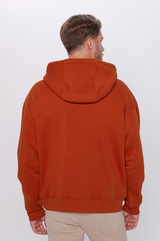 Unisex Oversize Geniş Kesim Pamuklu Yumuşak Dokulu İçi Polarlı Basic Kiremit Renk Kapüşonlu Sweatshirt