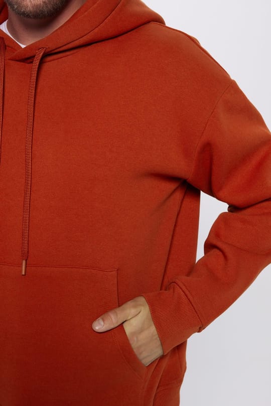 Unisex Oversize Geniş Kesim Pamuklu Yumuşak Dokulu İçi Polarlı Basic Kiremit Renk Kapüşonlu Sweatshirt