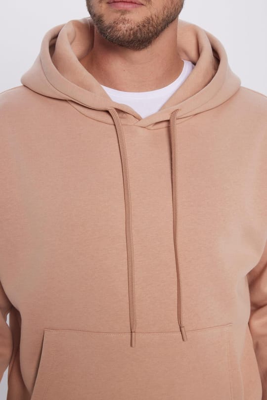 Unisex Oversize Geniş Kesim Pamuklu Yumuşak Dokulu İçi Polarlı Basic Vizon Renk Kapüşonlu Sweatshirt