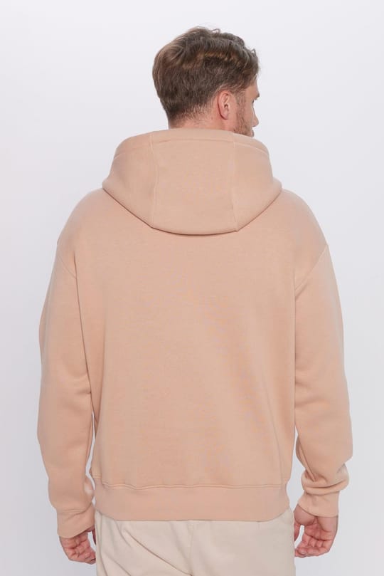 Unisex Oversize Geniş Kesim Pamuklu Yumuşak Dokulu İçi Polarlı Basic Vizon Renk Kapüşonlu Sweatshirt