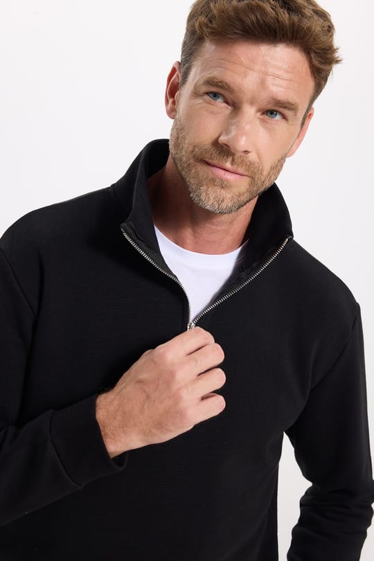 Unisex Relax Fit Rahat Kesim Pamuklu İçi Polarlı Yarım Fermuarlı Siyah Dik Yaka Sweatshirt