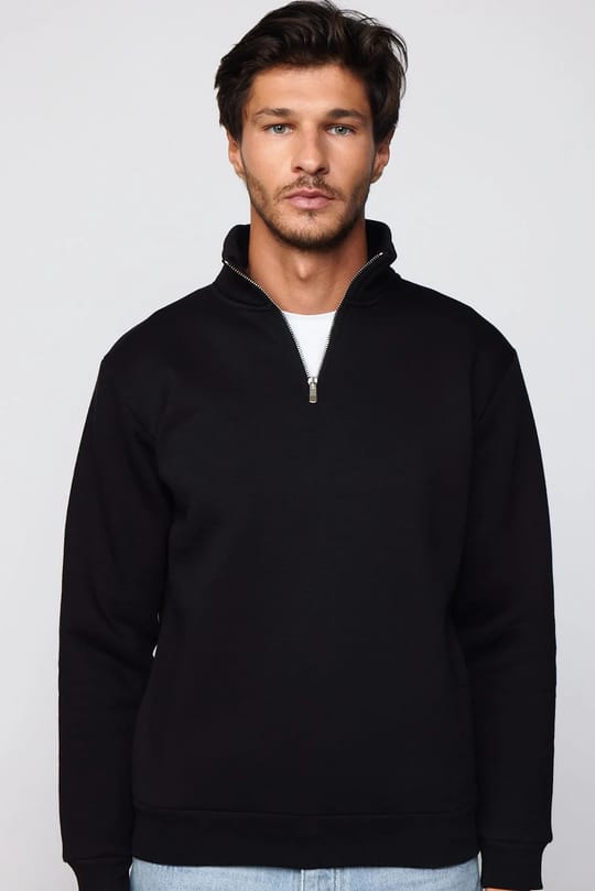 Unisex Relax Fit Rahat Kesim Pamuklu İçi Polarlı Yarım Fermuarlı Siyah Dik Yaka Sweatshirt