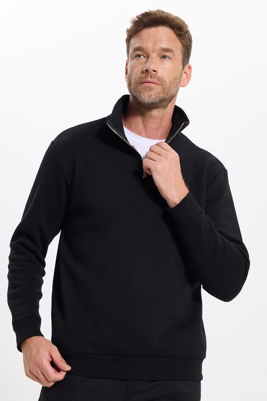 Unisex Relax Fit Rahat Kesim Pamuklu İçi Polarlı Yarım Fermuarlı Siyah Dik Yaka Sweatshirt