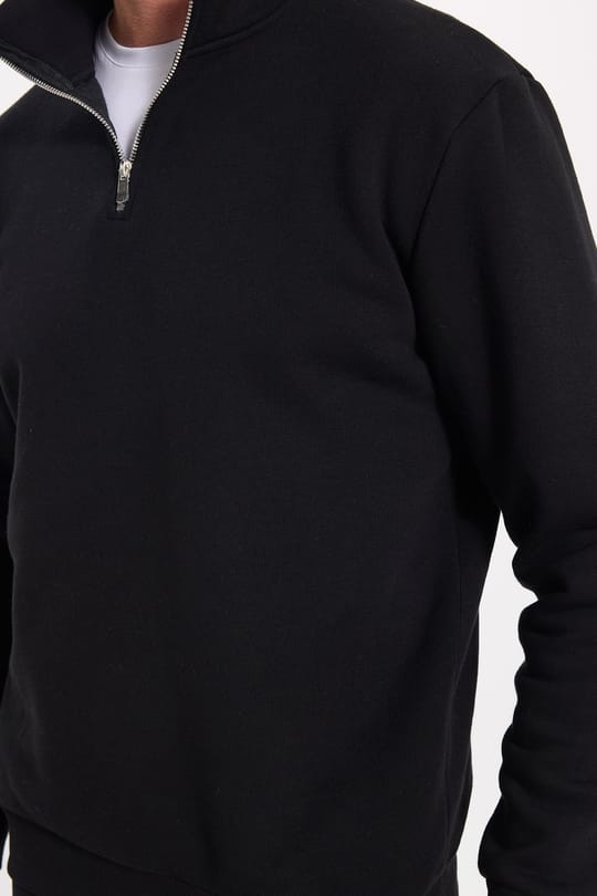 Unisex Relax Fit Rahat Kesim Pamuklu İçi Polarlı Yarım Fermuarlı Siyah Dik Yaka Sweatshirt