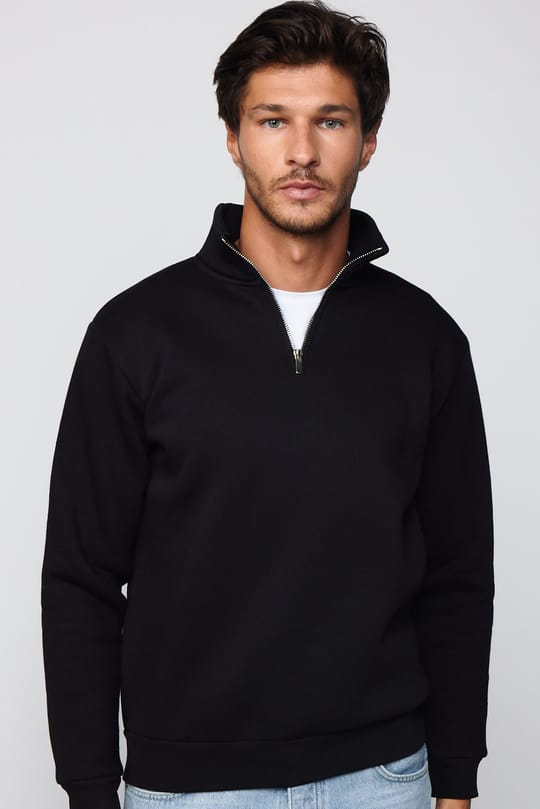 Unisex Relax Fit Rahat Kesim Pamuklu İçi Polarlı Yarım Fermuarlı Siyah Dik Yaka Sweatshirt