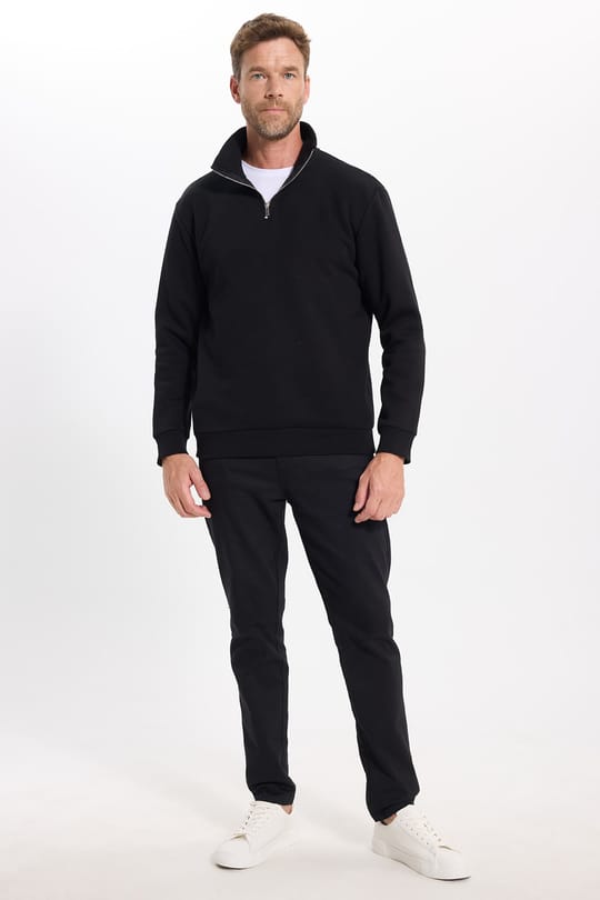 Unisex Relax Fit Rahat Kesim Pamuklu İçi Polarlı Yarım Fermuarlı Siyah Dik Yaka Sweatshirt