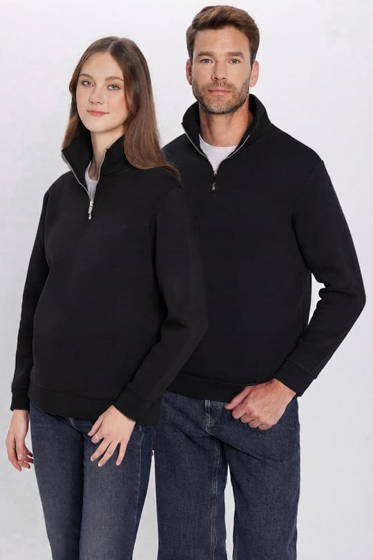 Unisex Relax Fit Rahat Kesim Pamuklu İçi Polarlı Yarım Fermuarlı Siyah Dik Yaka Sweatshirt