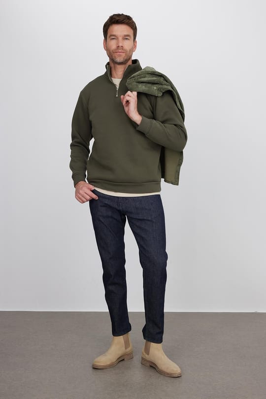 Unisex Relax Fit Rahat Kesim Pamuklu İçi Polarlı Yarım Fermuarlı Haki Dik Yaka Sweatshirt