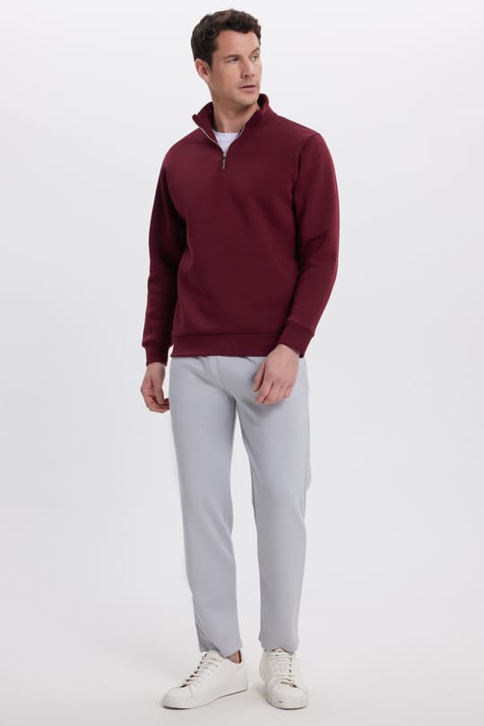 Unisex Relax Fit Rahat Kesim Pamuklu İçi Polarlı Yarım Fermuarlı Bordo Dik Yaka Sweatshirt