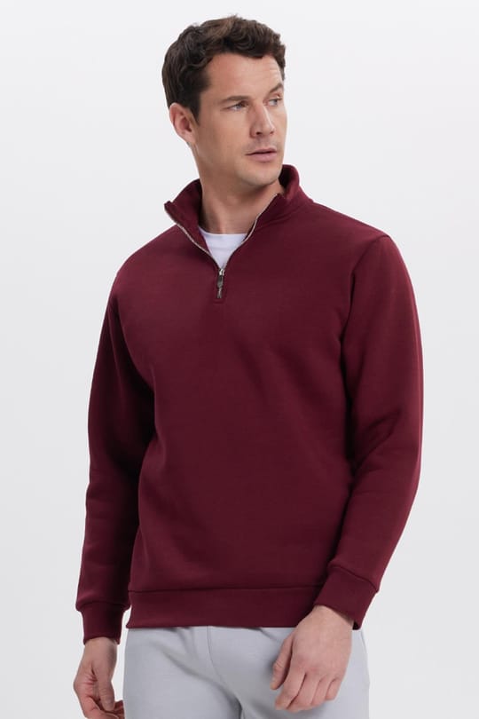 Unisex Relax Fit Rahat Kesim Pamuklu İçi Polarlı Yarım Fermuarlı Bordo Dik Yaka Sweatshirt