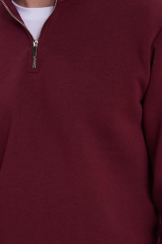 Unisex Relax Fit Rahat Kesim Pamuklu İçi Polarlı Yarım Fermuarlı Bordo Dik Yaka Sweatshirt