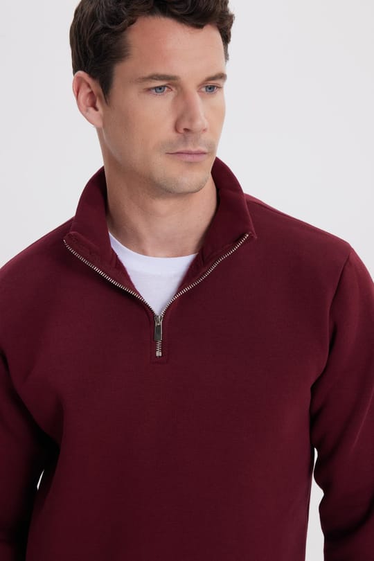 Unisex Relax Fit Rahat Kesim Pamuklu İçi Polarlı Yarım Fermuarlı Bordo Dik Yaka Sweatshirt