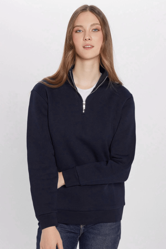 Unisex Relax Fit Rahat Kesim Pamuklu İçi Polarlı Yarım Fermuarlı Lacivert Dik Yaka Sweatshirt