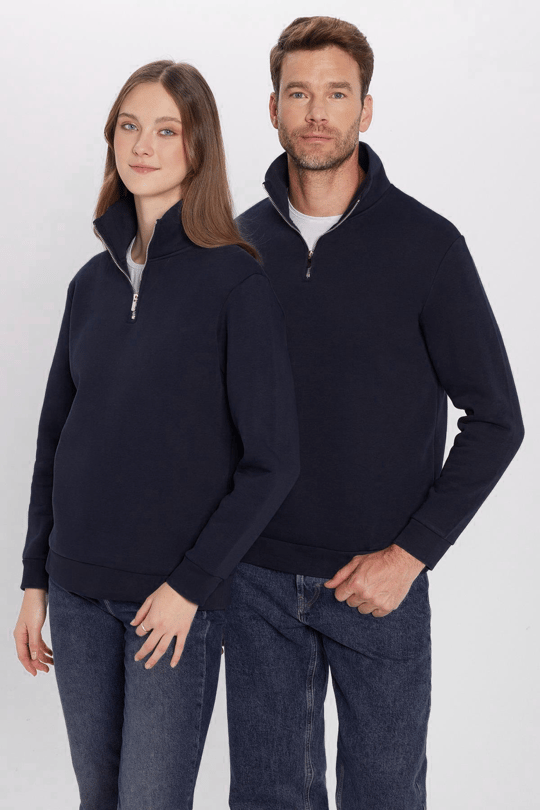 Unisex Relax Fit Rahat Kesim Pamuklu İçi Polarlı Yarım Fermuarlı Lacivert Dik Yaka Sweatshirt