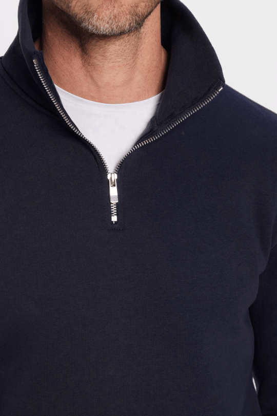 Unisex Relax Fit Rahat Kesim Pamuklu İçi Polarlı Yarım Fermuarlı Lacivert Dik Yaka Sweatshirt