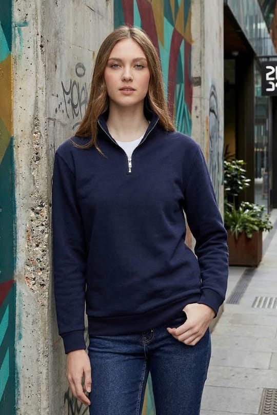 Unisex Relax Fit Rahat Kesim Pamuklu İçi Polarlı Yarım Fermuarlı Lacivert Dik Yaka Sweatshirt