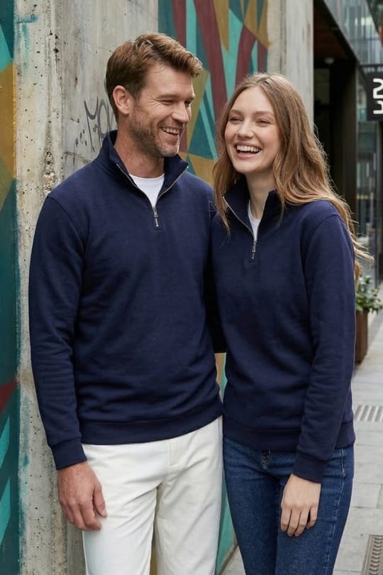 Unisex Relax Fit Rahat Kesim Pamuklu İçi Polarlı Yarım Fermuarlı Lacivert Dik Yaka Sweatshirt