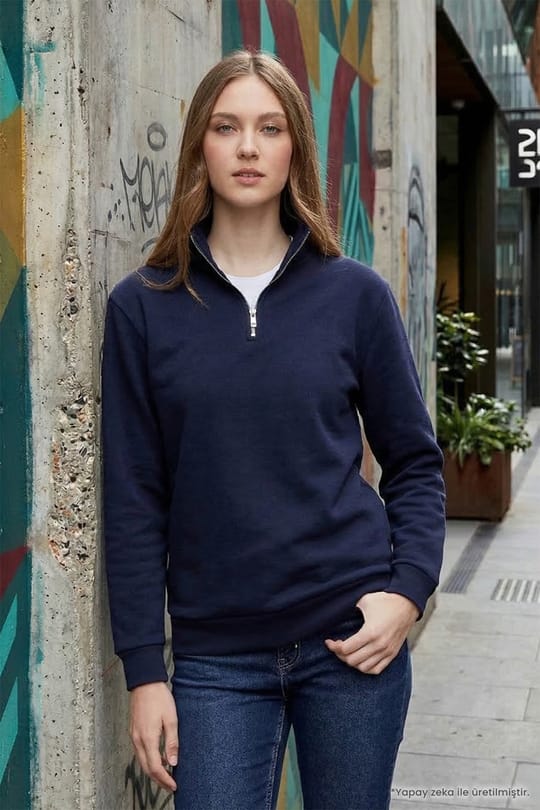 Unisex Relax Fit Rahat Kesim Pamuklu İçi Polarlı Yarım Fermuarlı Lacivert Dik Yaka Sweatshirt