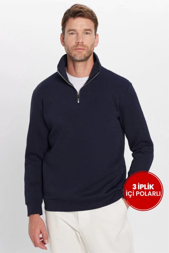 Unisex Relax Fit Rahat Kesim Pamuklu İçi Polarlı Yarım Fermuarlı Lacivert Dik Yaka Sweatshirt