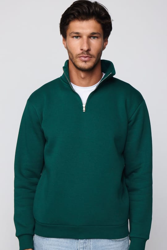 Unisex Relax Fit Rahat Kesim Pamuklu İçi Polarlı Yarım Fermuarlı Haki Dik Yaka Sweatshirt