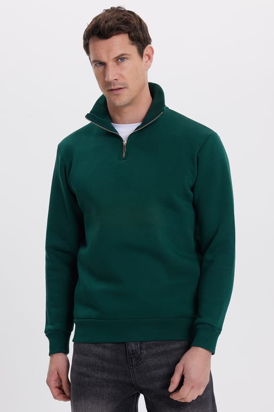 Unisex Relax Fit Rahat Kesim Pamuklu İçi Polarlı Yarım Fermuarlı Haki Dik Yaka Sweatshirt