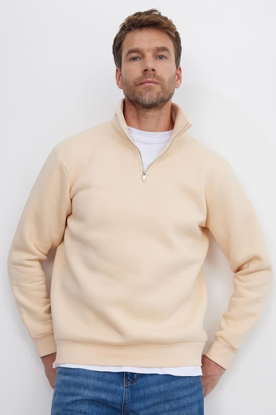 Unisex Relax Fit Rahat Kesim Pamuklu İçi Polarlı Yarım Fermuarlı Ekru Dik Yaka Sweatshirt