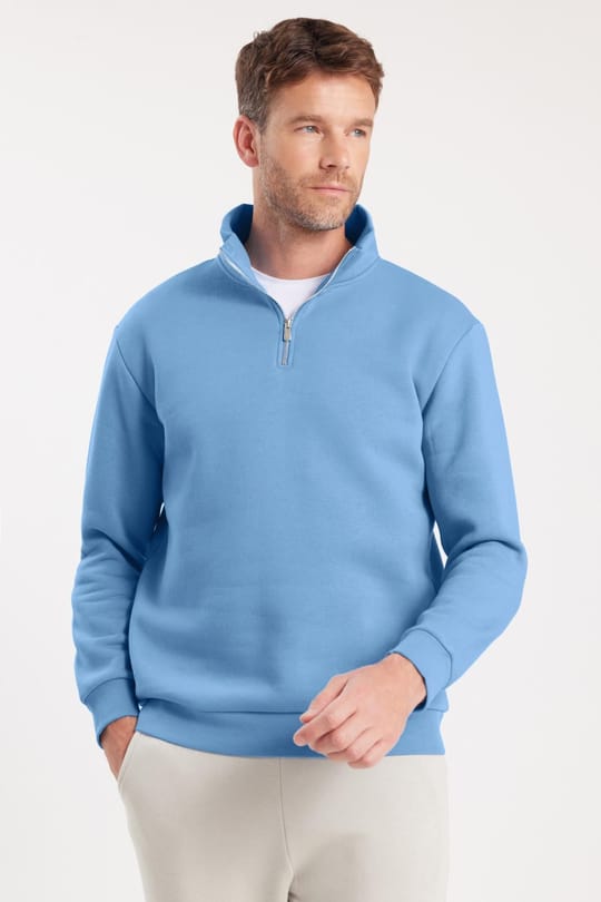 Unisex Relax Fit Rahat Kesim Pamuklu İçi Polarlı Yarım Fermuarlı Mavi Dik Yaka Sweatshirt