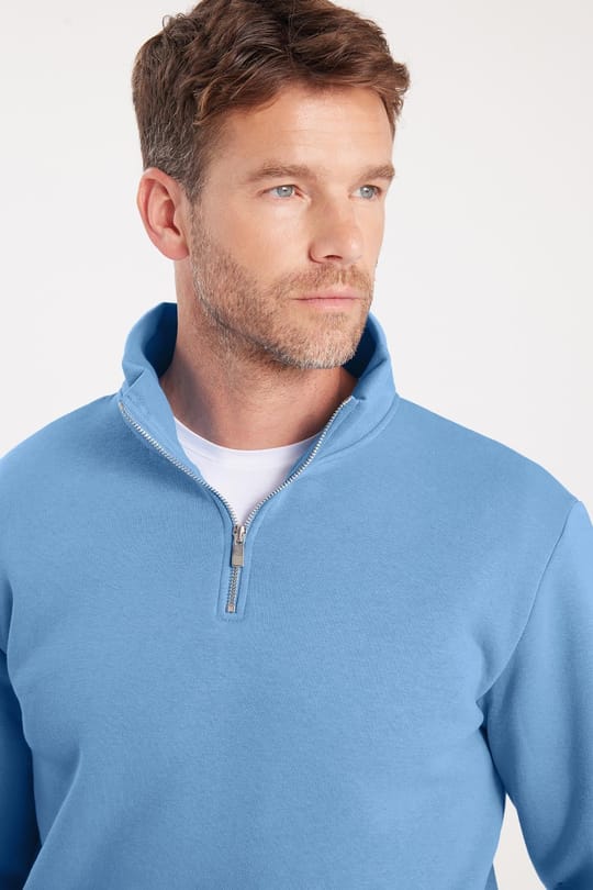 Unisex Relax Fit Rahat Kesim Pamuklu İçi Polarlı Yarım Fermuarlı Mavi Dik Yaka Sweatshirt