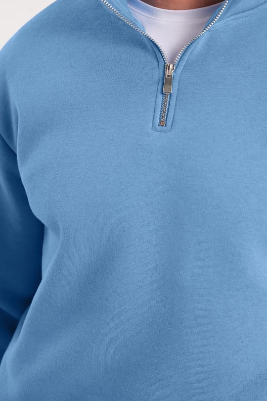Unisex Relax Fit Rahat Kesim Pamuklu İçi Polarlı Yarım Fermuarlı Mavi Dik Yaka Sweatshirt