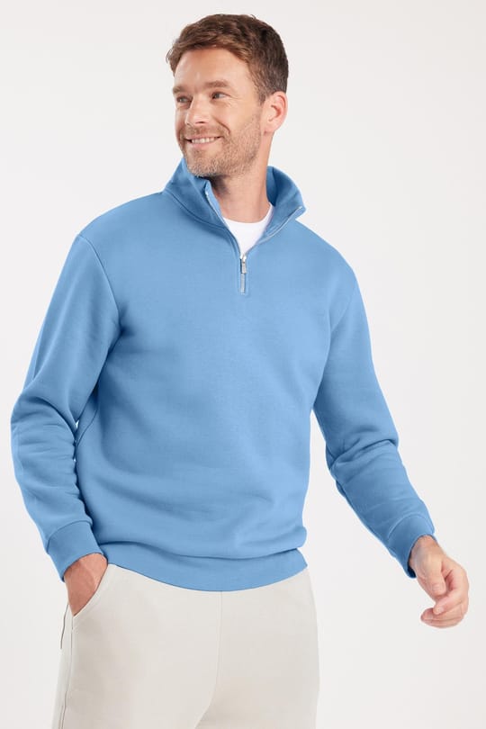 Unisex Relax Fit Rahat Kesim Pamuklu İçi Polarlı Yarım Fermuarlı Mavi Dik Yaka Sweatshirt
