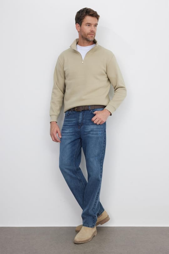 Unisex Relax Fit Rahat Kesim Pamuklu İçi Polarlı Yarım Fermuarlı Bej Dik Yaka Sweatshirt