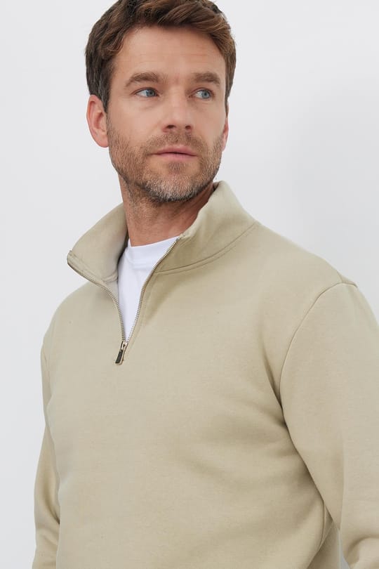 Unisex Relax Fit Rahat Kesim Pamuklu İçi Polarlı Yarım Fermuarlı Bej Dik Yaka Sweatshirt