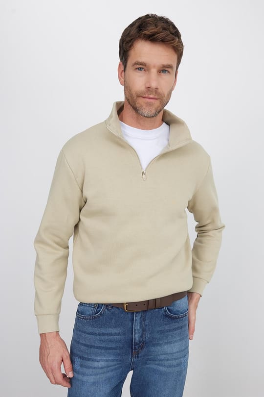 Unisex Relax Fit Rahat Kesim Pamuklu İçi Polarlı Yarım Fermuarlı Bej Dik Yaka Sweatshirt