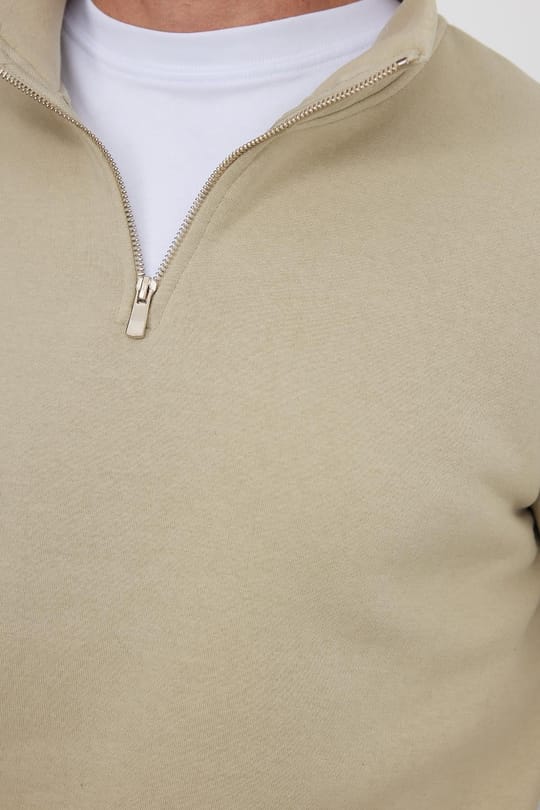 Unisex Relax Fit Rahat Kesim Pamuklu İçi Polarlı Yarım Fermuarlı Bej Dik Yaka Sweatshirt
