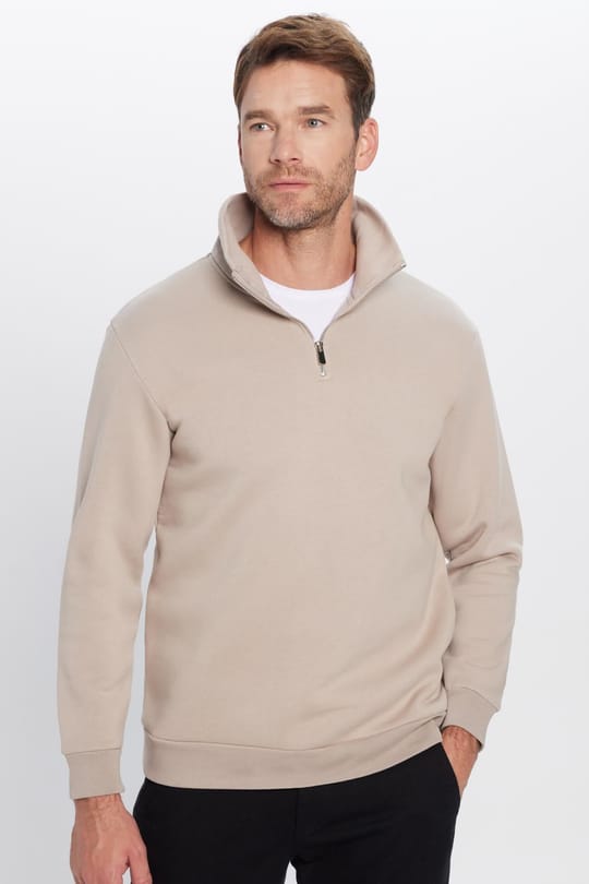 Unisex Relax Fit Rahat Kesim Pamuklu İçi Polarlı Yarım Fermuarlı Taş Renk Dik Yaka Sweatshirt